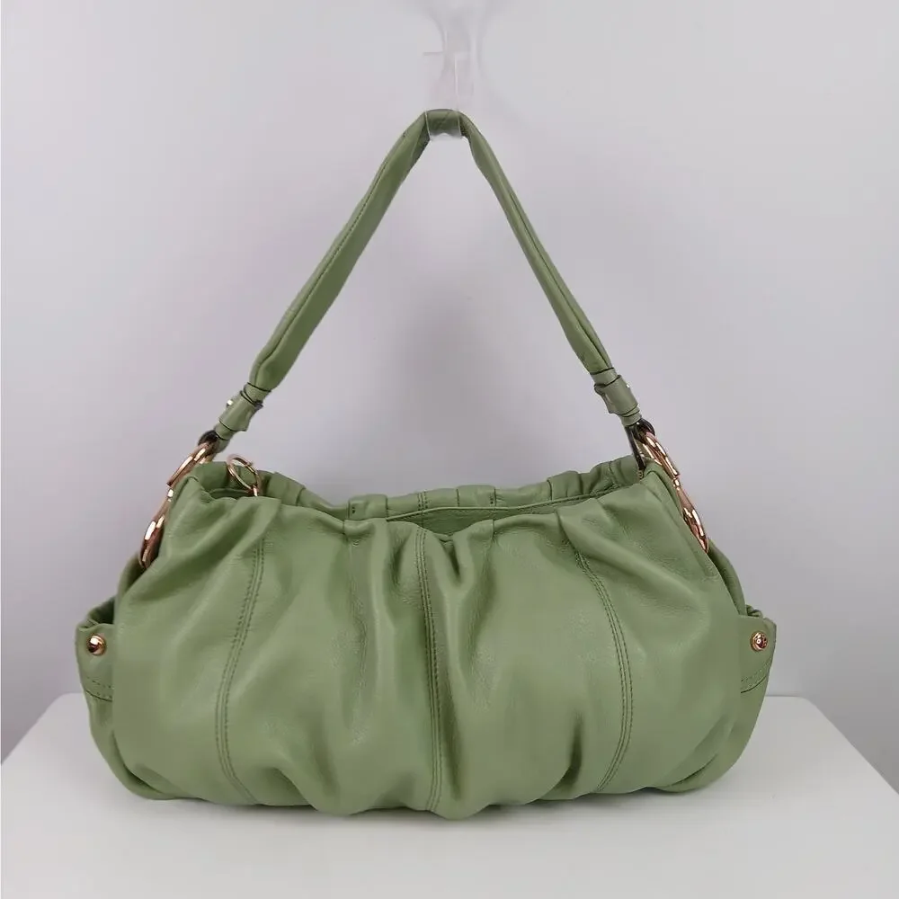 B Makowsky Buttery Green Leather Top Handle Hobo Purse Gold Hardware